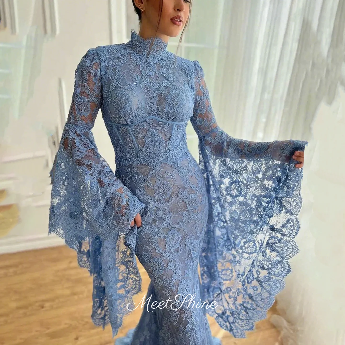 

Dubai Blue Mermaid Lace Evening Dress Elegant High Neck Flare Sleeve Saudi Arabia Princess Formal Wedding Prom Dress Customized
