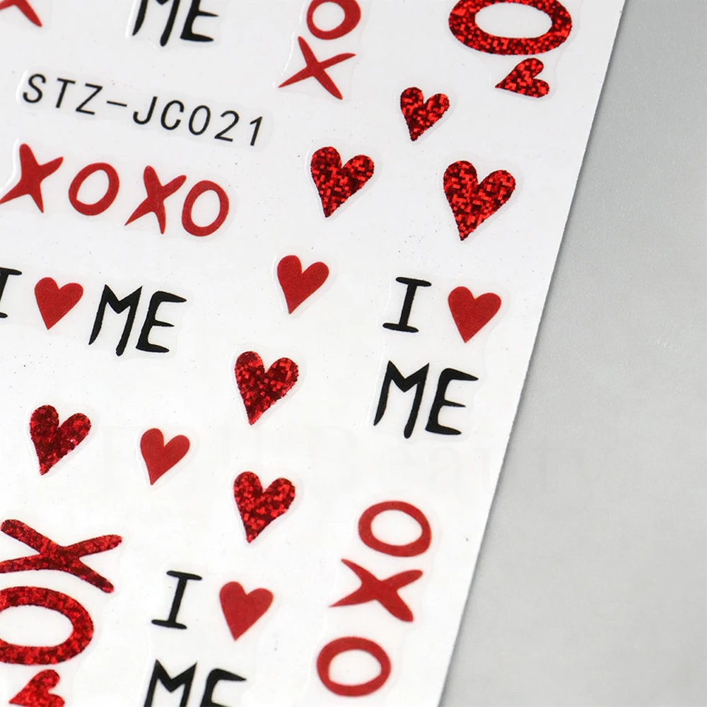 1 Stück Französische Glitzer-Herz-3D-Nagelkunst-Aufkleber „I LOVE ME“, Valentinstag-Glanz, Liebesherz, Valentinstag, Maniküre, Kunst-Abziehbilder, Nagelzubehör