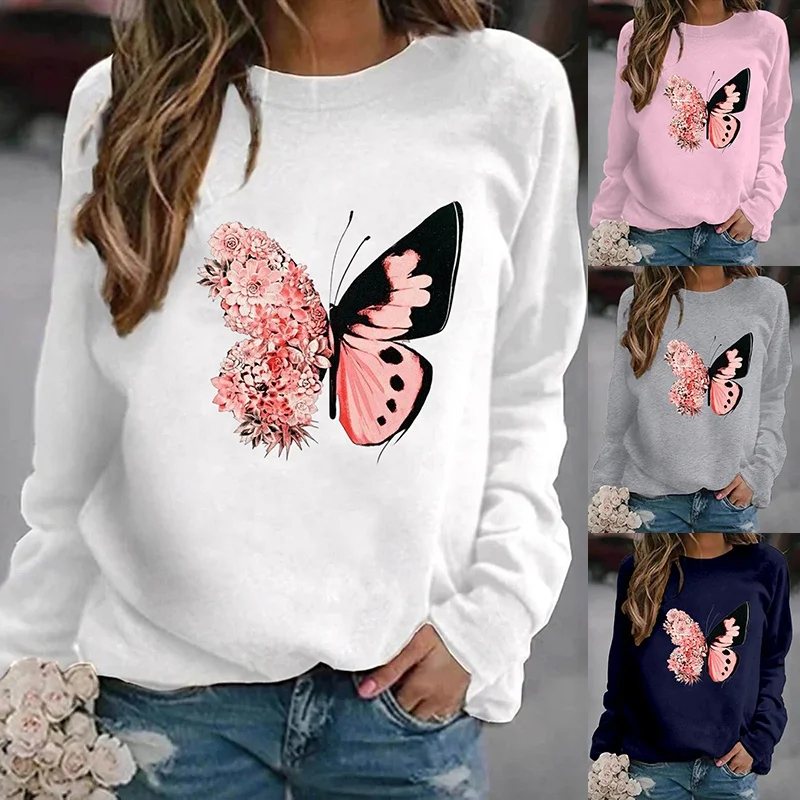 

Fashion Funny Butterfly Sweatshirts For Women Creative Personalized Autumn Winter O Neck Hoodless Sweater Ladies Casual Tops