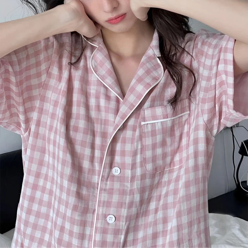 Korean Fashion Ins Sle Sweet Plaid Pajamas Women\'s Summer Short Sleeve Shorts Student Online Pink Cute Homewear Set