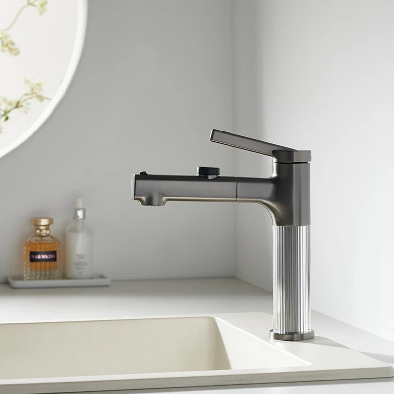 Deck Mounted Bathroom Pull Out Sink Faucet One Hole 3 Function Lavatory Sink Faucet Single Handle Hot and Cold Mixer Tap Gray