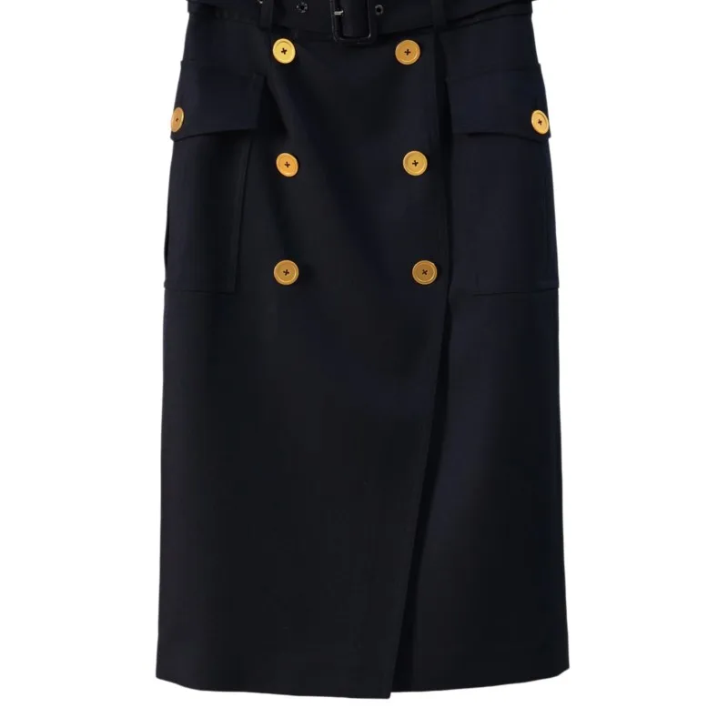 

Военная шерстяная юбка миди для женщин, облегающая, с высокой талией, золотыми пуговицами и поясом. Двубортный офисный костюм.
