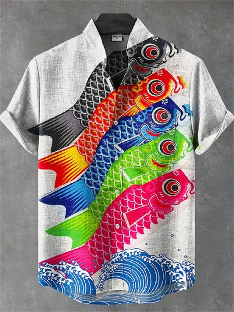 New Hawaiian Spring Summer Fashion Casual Linen 3D Printed Street Travel Walking Beach Printed Short Sleeve Button Shirt
