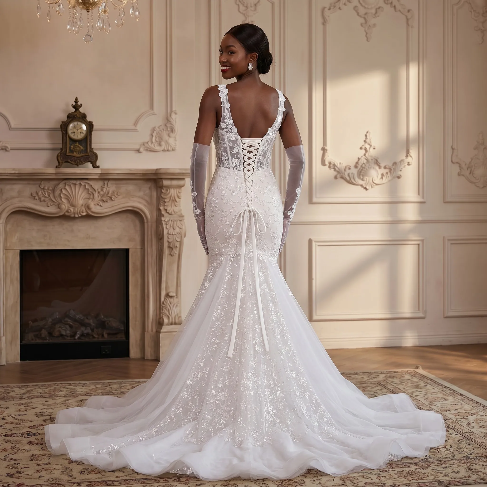 V-Neck Spaghetti Strap Mermaid Wedding Dress Sheer Corset Back Lace Appliques Tulle Chapel Train Bridal Gown