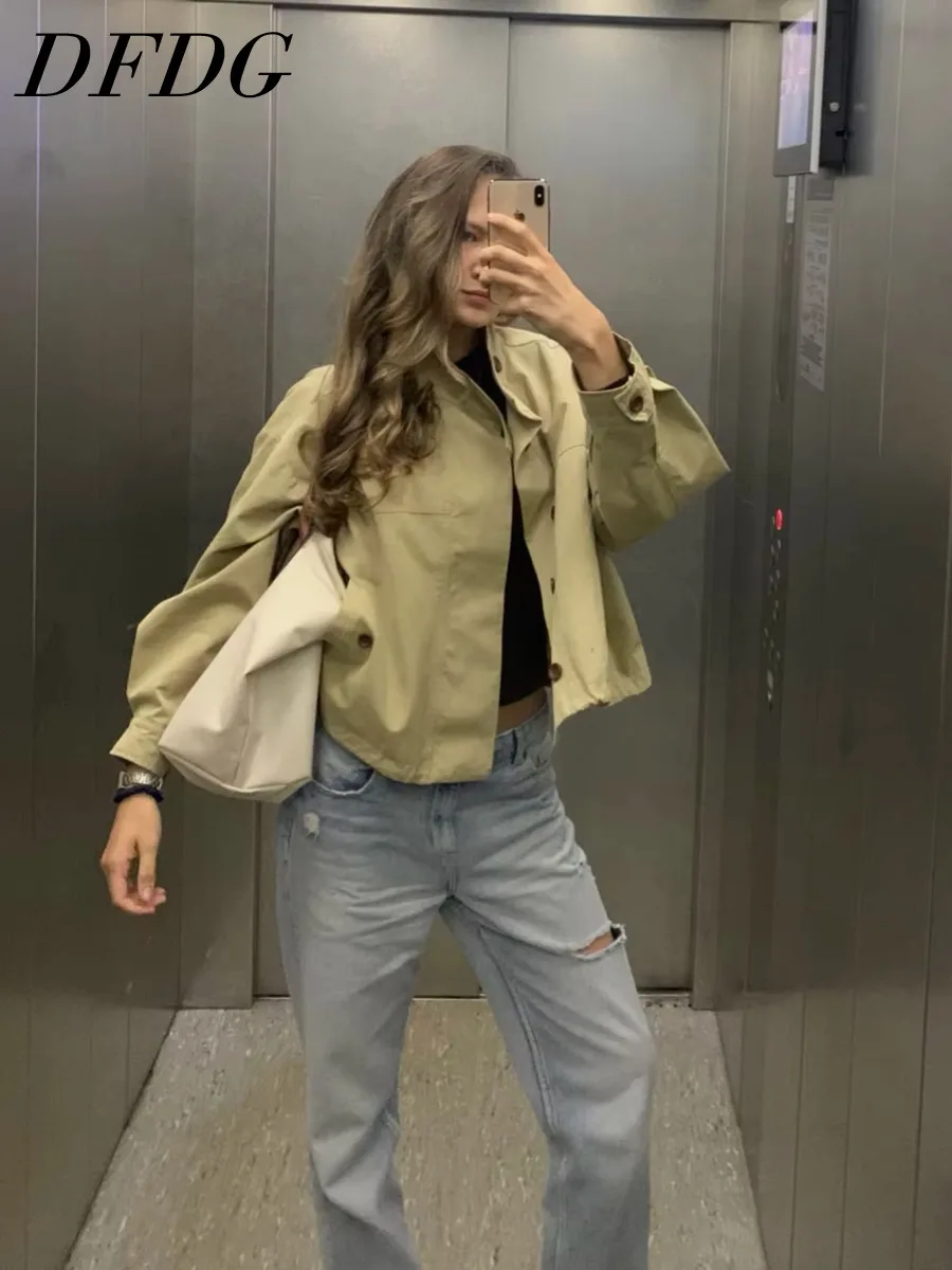 DFDG Women Cropped Stand Jacket 2026 Loose Drop Shoulder Button Outerwear Casual Pocket Design Daily Street Short Windbreaker