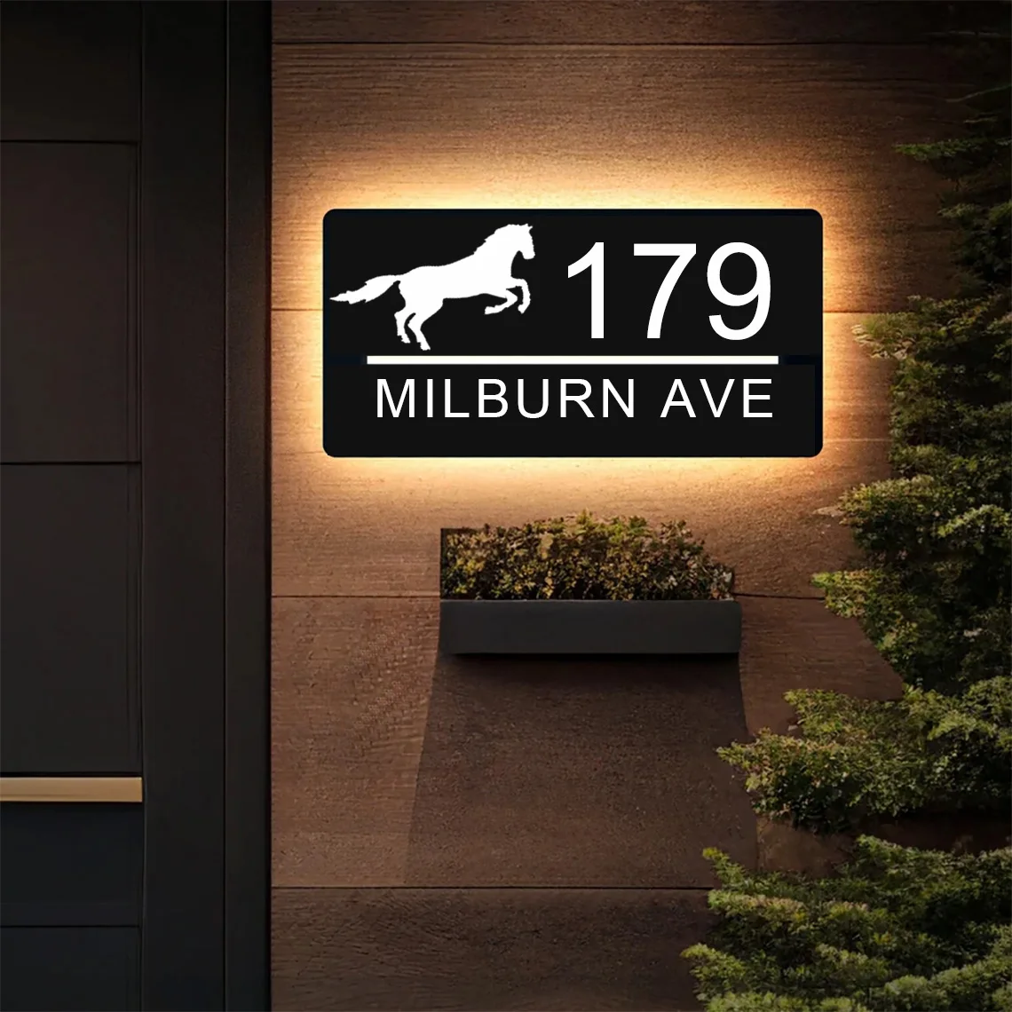 Modern Illuminated House Number Horse Pattern Decor House Street Address Number Sign Personalized BackLit Metal House Sign