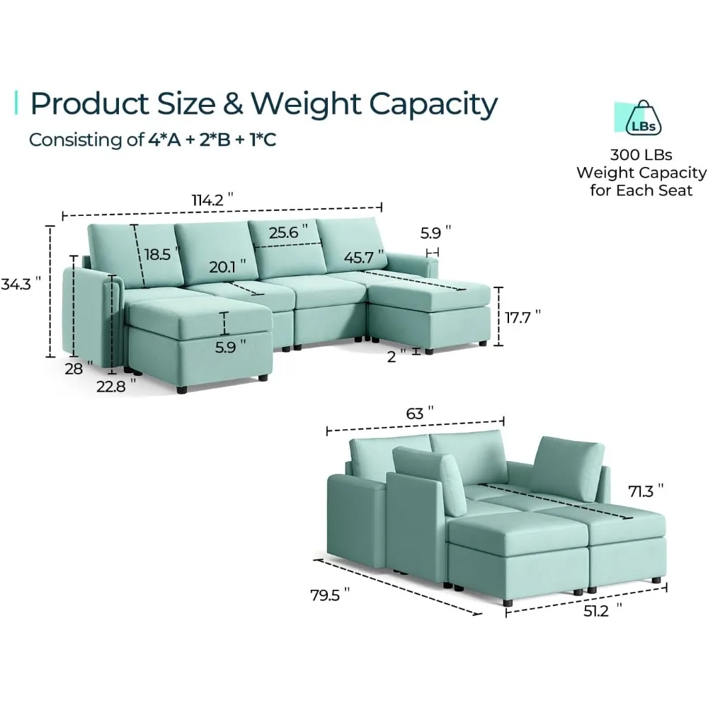 Family modular sofa, Convertible U-shaped sofa, storage space, memory foam, modular sofa with foot pads, 6 seats