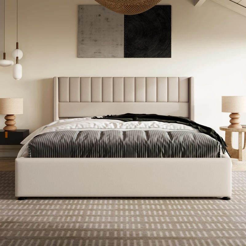 Lit double avec rangement hydraulique 160x200 cm, structure en bois massif et métal recouvert de lin beige, sommier à lattes robuste, dimensions totales 214,5x173x113 cm, charge utile élevée