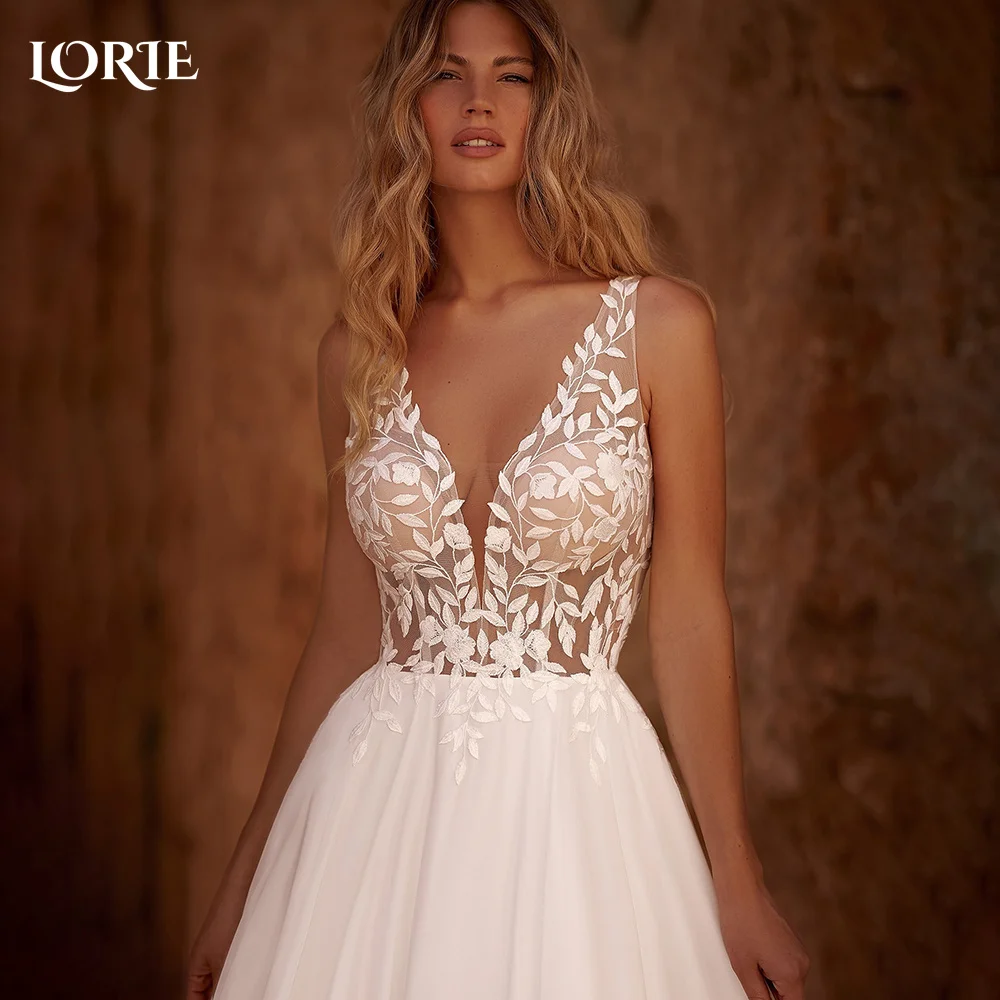 

LORIE Graceful V Neck Beach Wedding Dresses Backless 3D Floral Appliqued Lace Bridal Gowns vestido de novia Plus size Customized