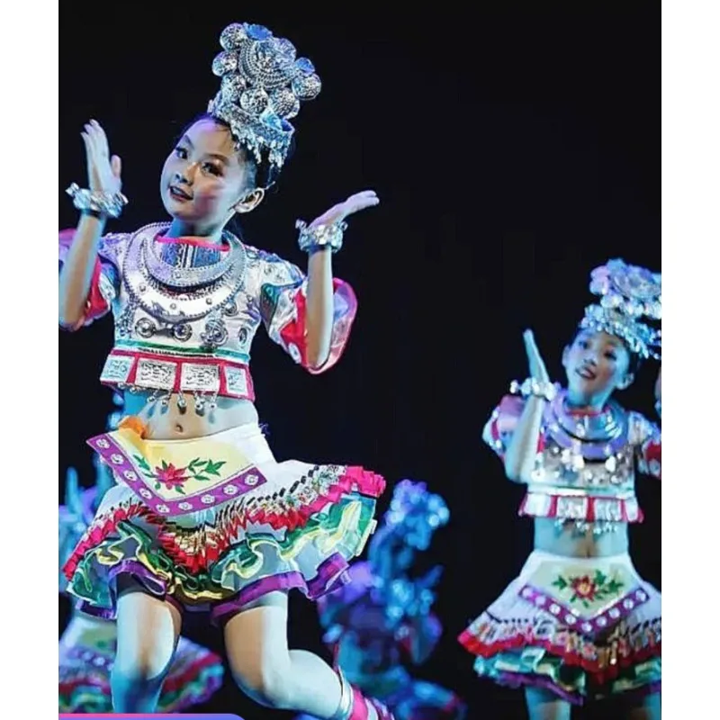 

Детские костюмы для выступлений, этнические танцевальные костюмы Miao и Yi для девочек