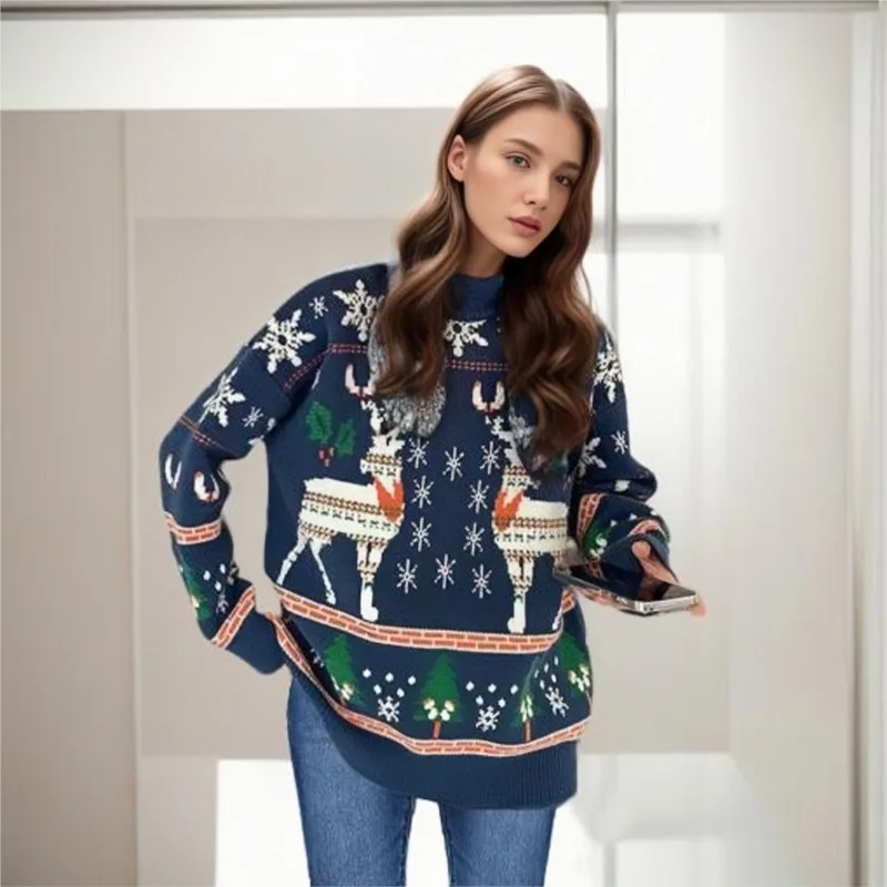 Christmas Sweater 2024 New Autumn And Winter Double Elk Christmas Sweater Loose And Versatile Casual Pullover Sweater