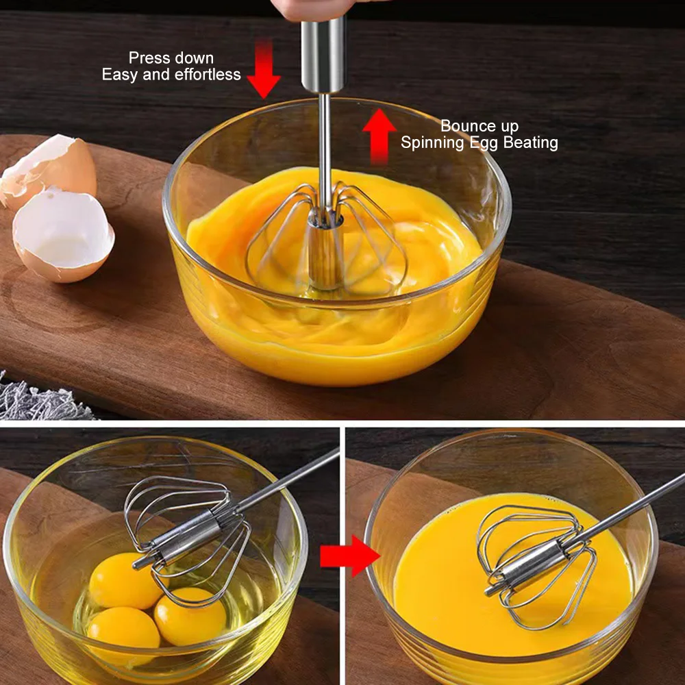 Semi-automatic Egg Beater Stainless Steel Whisk Manual Press Type Rotary Egg Beater Self Turning Egg Stirrer Kitchen Accessories