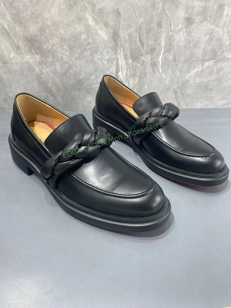 Fashion Leather Plait Decoration Men Slip On Loafer Shoes Round Toe Male Black Party Wedding Casual Single Leather Shoes