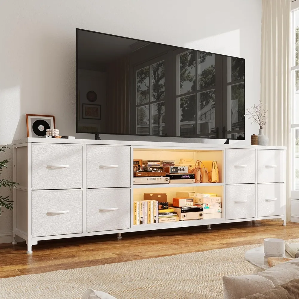 

62.3 W TV Stand for 70 75 Inch TV, 8 Fabric Drawers Long Dresser with Charging Station and LED Lights, Entertainment Center for