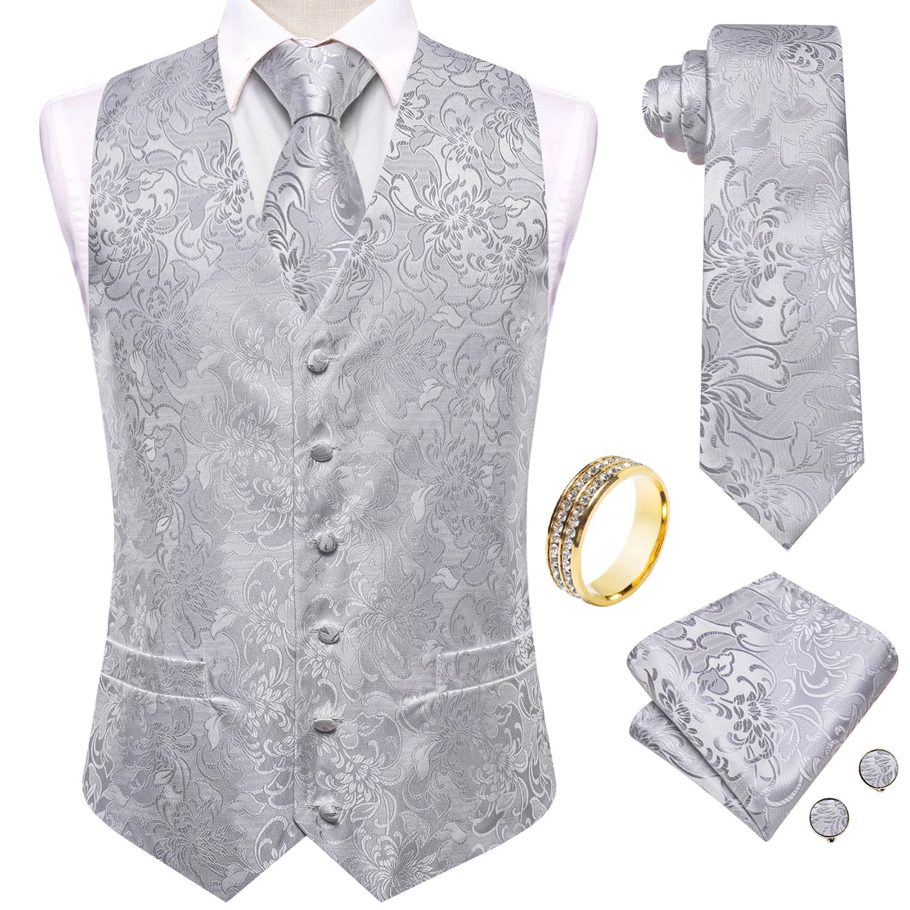 Silver Grey Floral Paisley V-Neck Vest Accessory Kit Tie Pocket Square Cufflinks Ring For Stage Performance Show