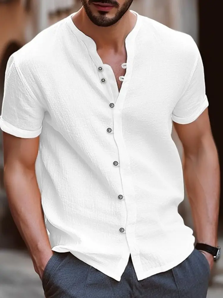 New Linen Shirt Men's Casual Shirt Lightweight Short Sleeved Henry Beach Shirt Hawaii T-Shirt Men