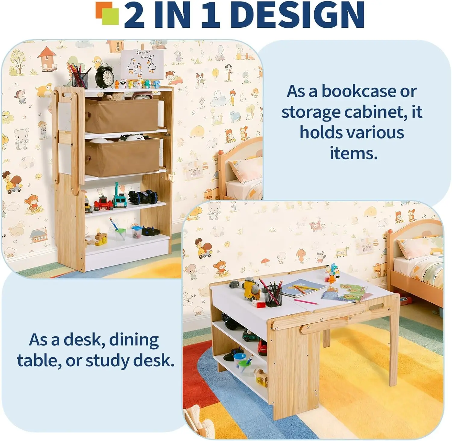 27.5 in Art Table and 1 Chair Set, Craft Play Desk, Convertible Activity Table to Storage Shelves, with 2 Storage Box, Folding Table and Chair Furniture Set, Adjustable Table for School and Home