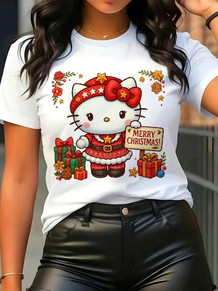 

Sanrio for Hello Kitty Рождественская женская футболка с круглым вырезом и короткими рукавами с пряничным человечком, звездами и подарками, праздничный забавный топ