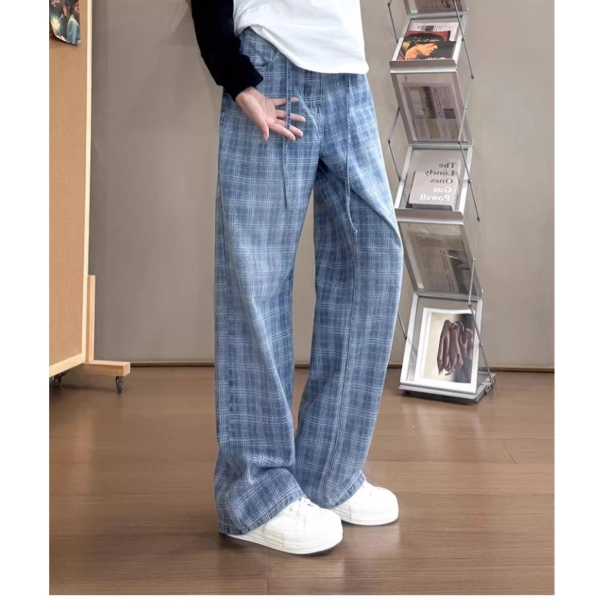 

Blue Plaid Men's Summer Thin Faionable Straight Leg Jeans Loose Fit Casual High Street Sle Wear Resistant Cotton Denim