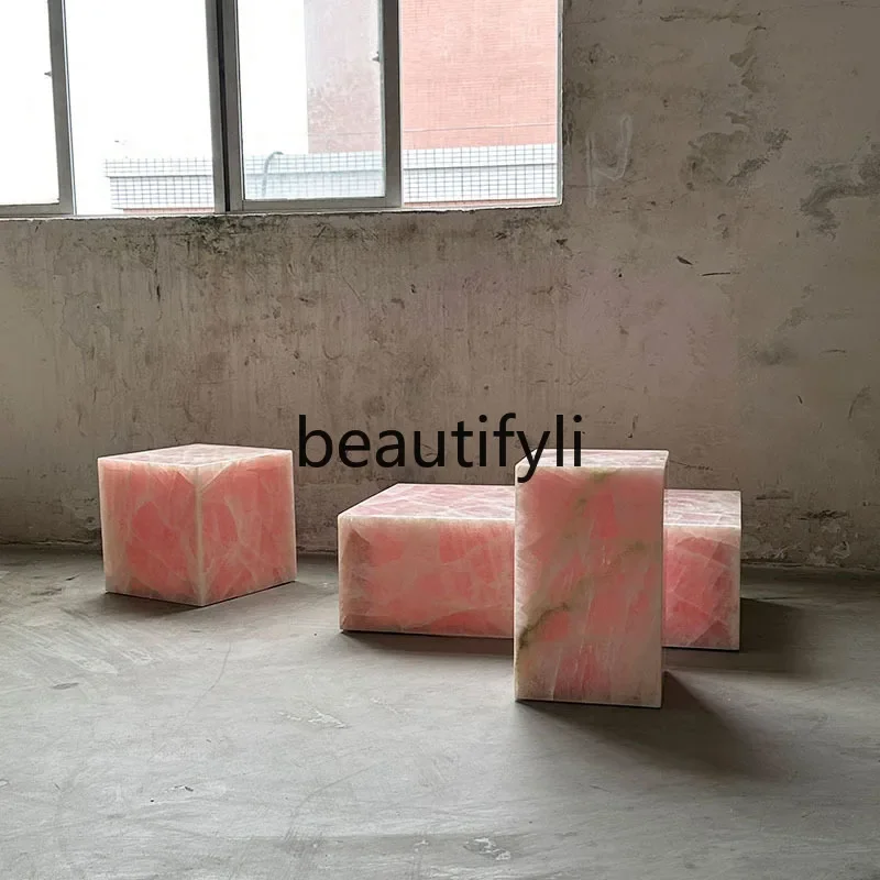 DD45 Pink Jade Tea Table Light Luxury Natural Marble Side Table Living Room High and Low Display Table