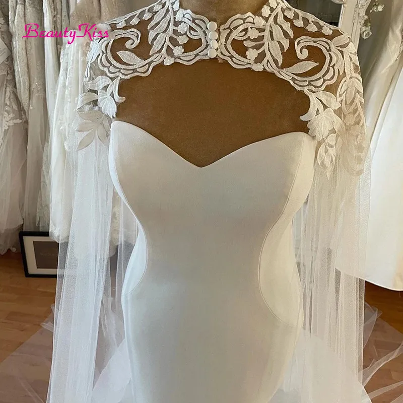 Mermaid Lace Wedding Dress with Cape Elegant Sleeveless Wedding Dresses Sweetheart Satin Long Bridal Gowns
