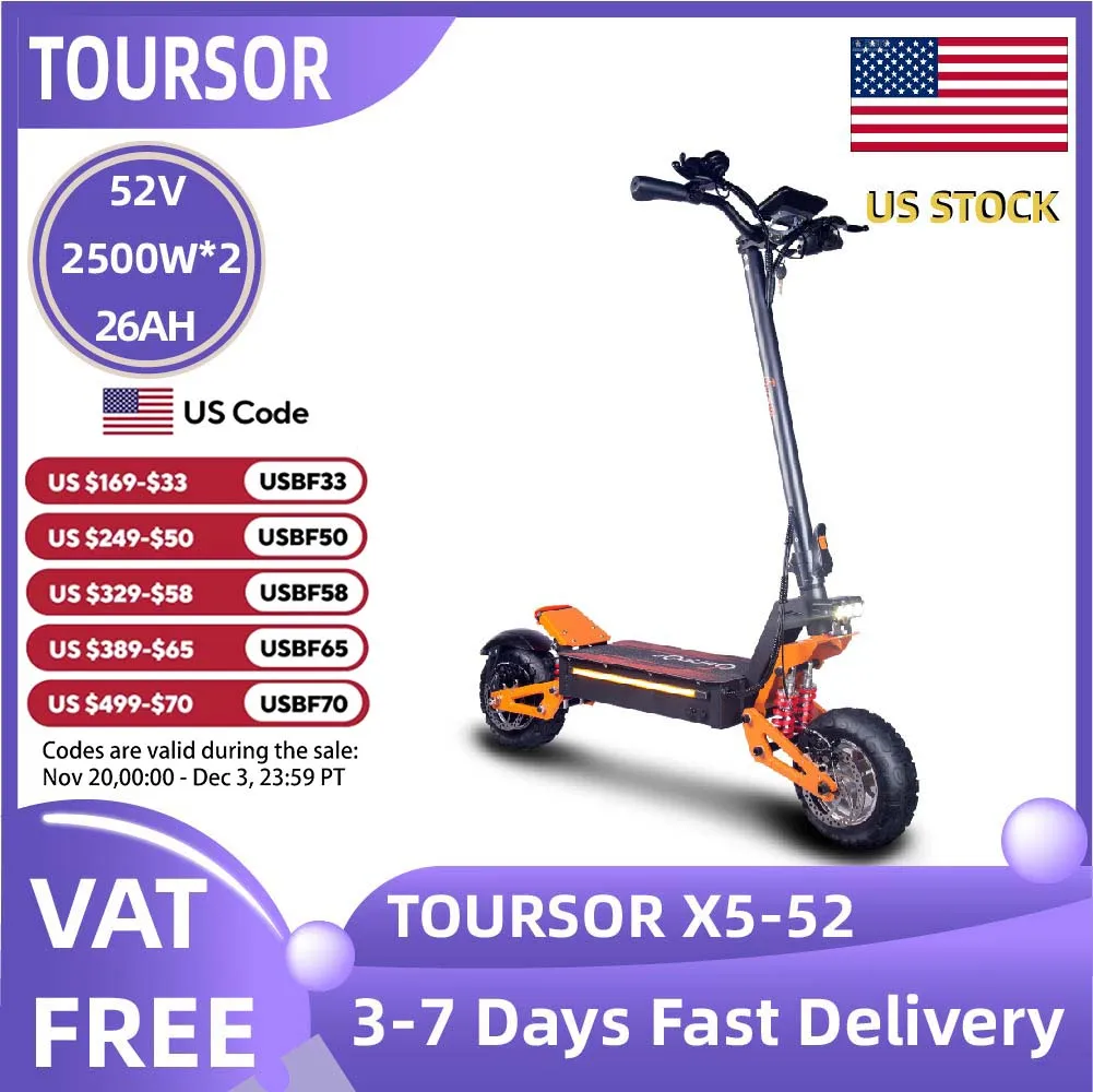 

TOURSOR X5-52 Electric Scooter For Adults 2500W*2 Dual Motor 52V26Ah Battery E-Scooter 11Inch Tire Foldable Road EScooter
