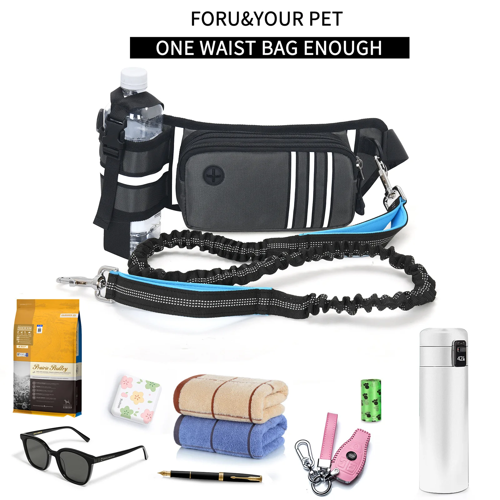 Pet Dog Waist Bag Traction Rope Set Waterproof Dog Walking Waist Bag With Night Reflective Leash And Large Capacity For Running