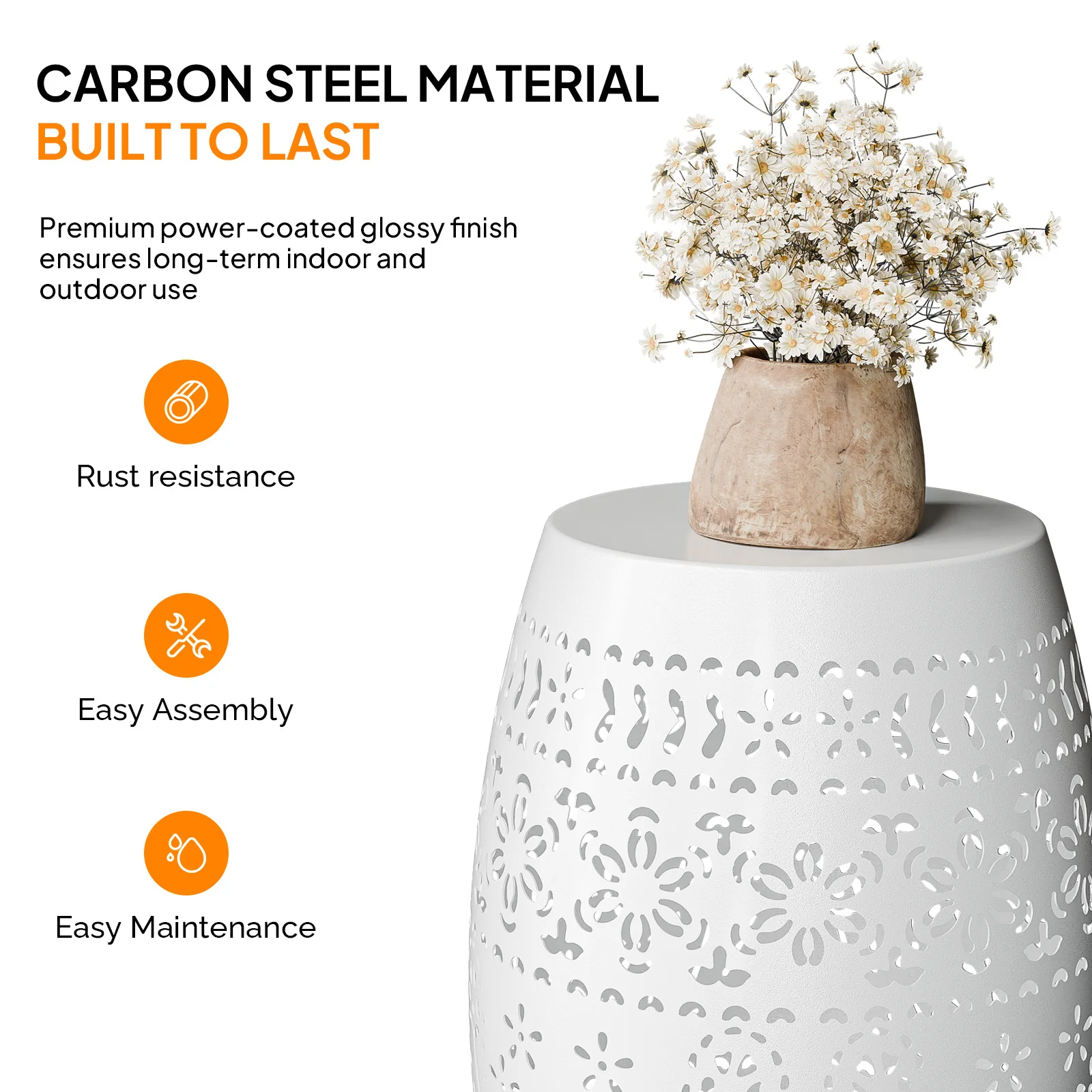 

Стальной приставной столик для патио 9,4 дюйма, круглый полый столик-барабан, декоративный столик для использования в помещении и на улице, белый