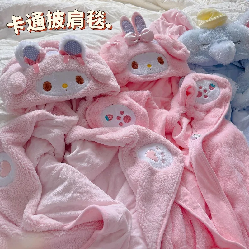 

143x80cm Cute Cartoon Sanrios My Melody Piano Warm Plush Hooded Cape Girl Home Office Air Conditioning Cape Shawl Blanket Gifts
