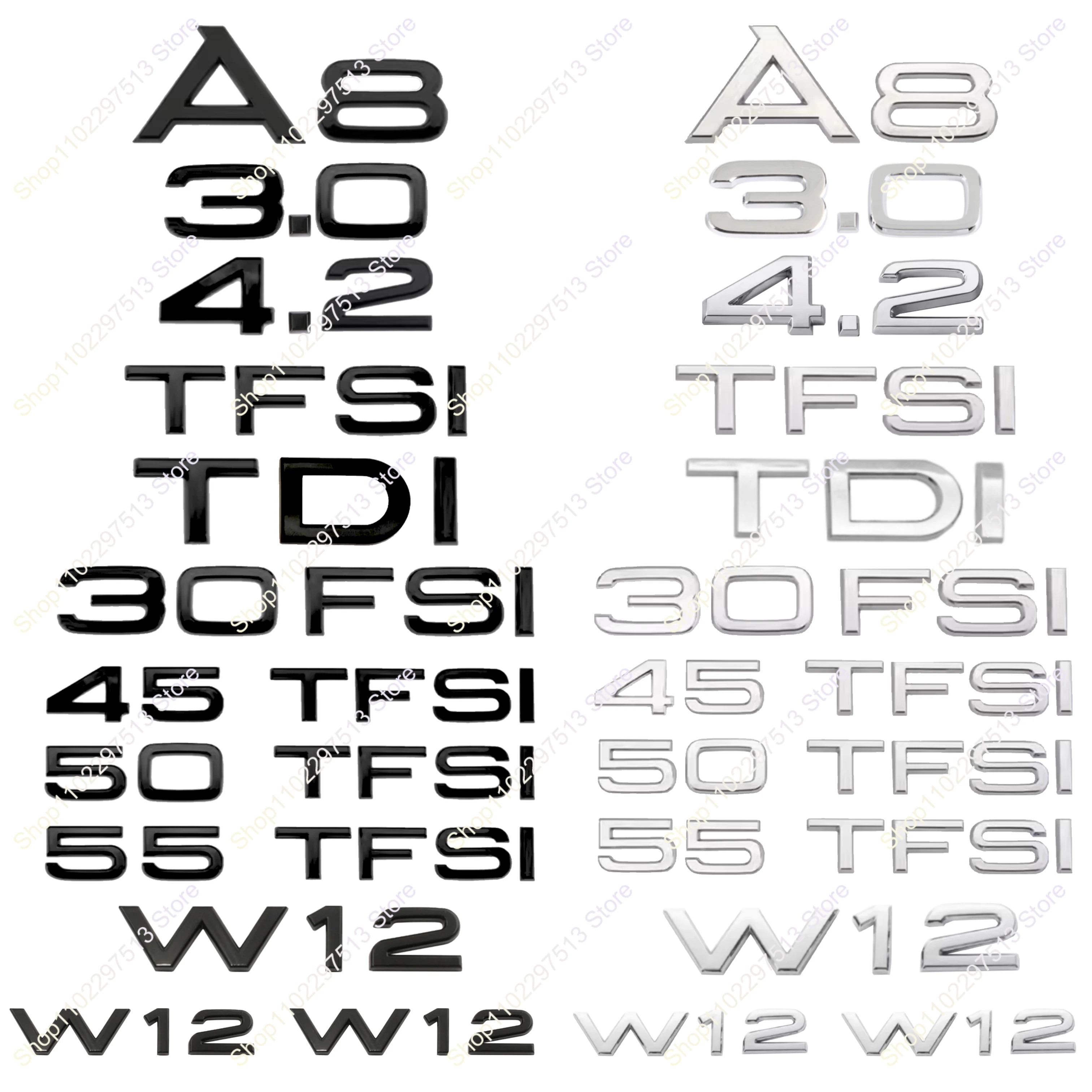 

Новый ABS значок на багажник автомобиля, наклейка, аксессуары, 3D буквы, цифры 35TFSI 40TFSI 45TFSI 55TFSI W12, хромированная черная эмблема для серии A8