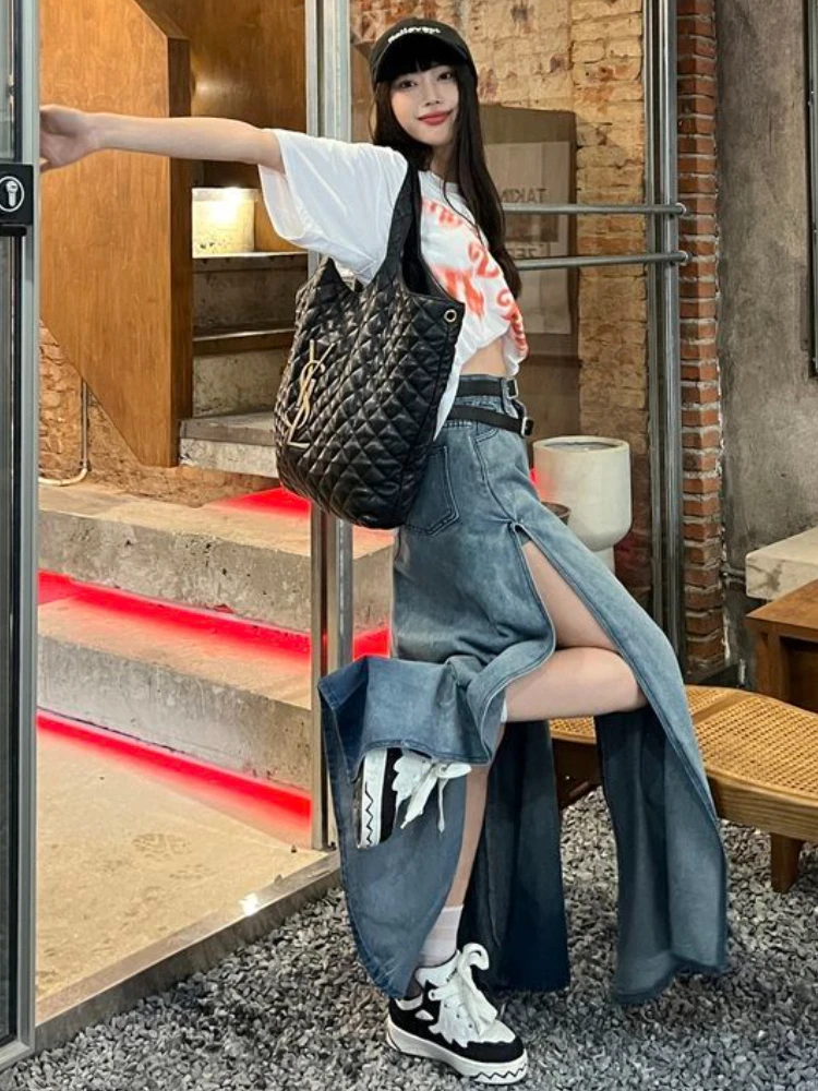 Denim Skirts Women Asymmetrical Creativity Slit Summer Midi Faldas Korean Style New All-match Retro Ladies Stylish Casual Design