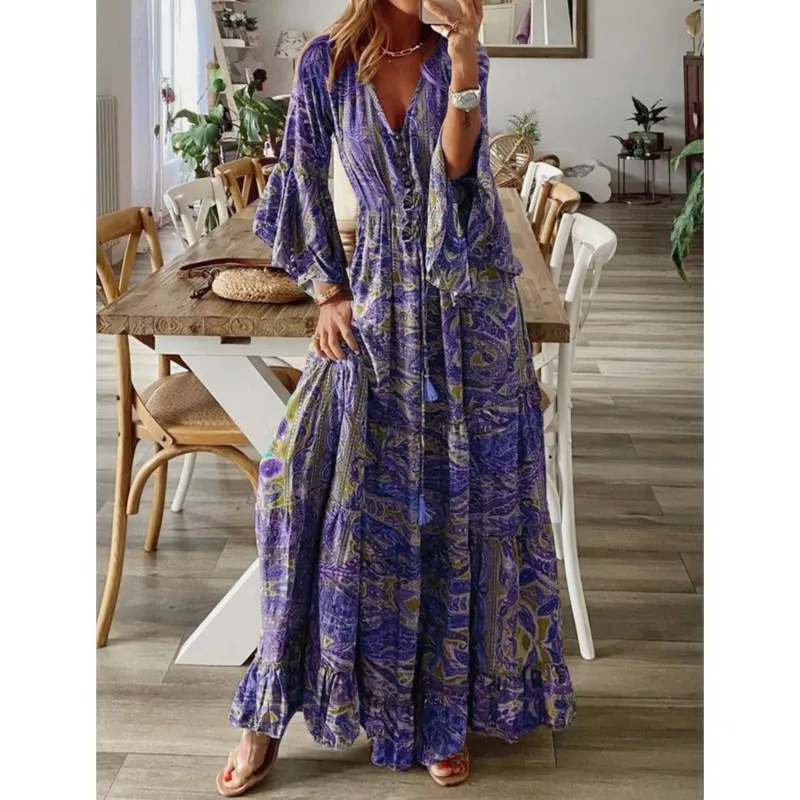 Robe longue de style bohème pour femme, imprimé floral fragmenté, manches évasées, col en V, taille haute, rétro, mode automne