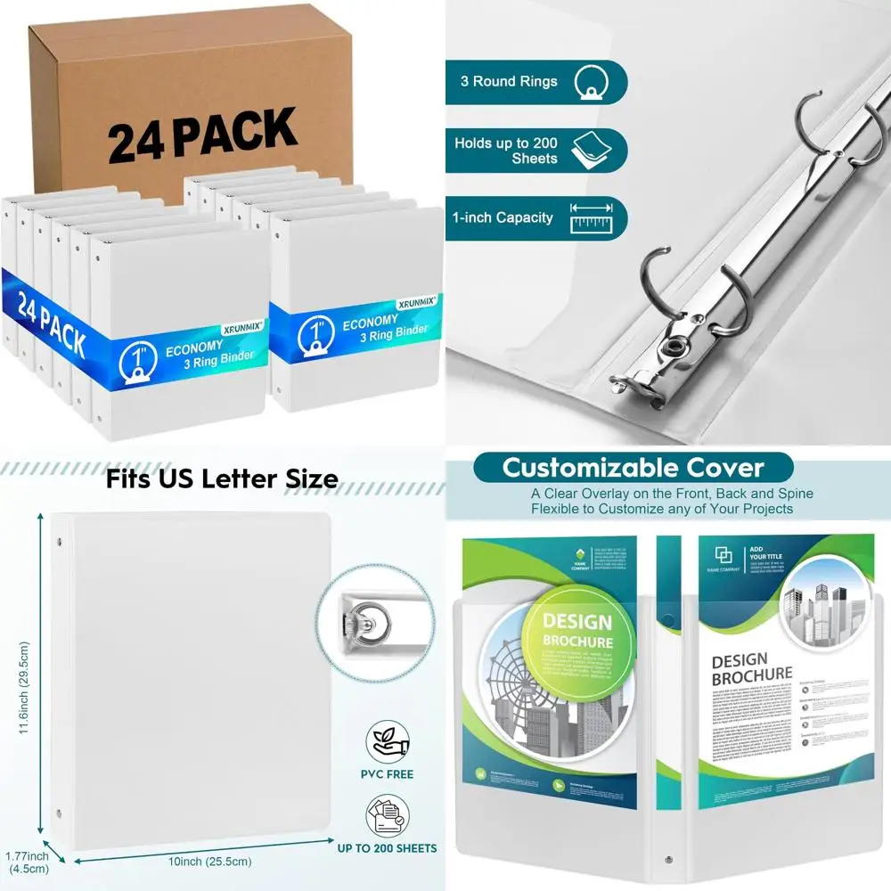 Economy 3-Ring Binders 1 Inch Round Rings 200 Sheet Capacity ClearVue Presentation View Non-Stick White Bulk Pack of 24