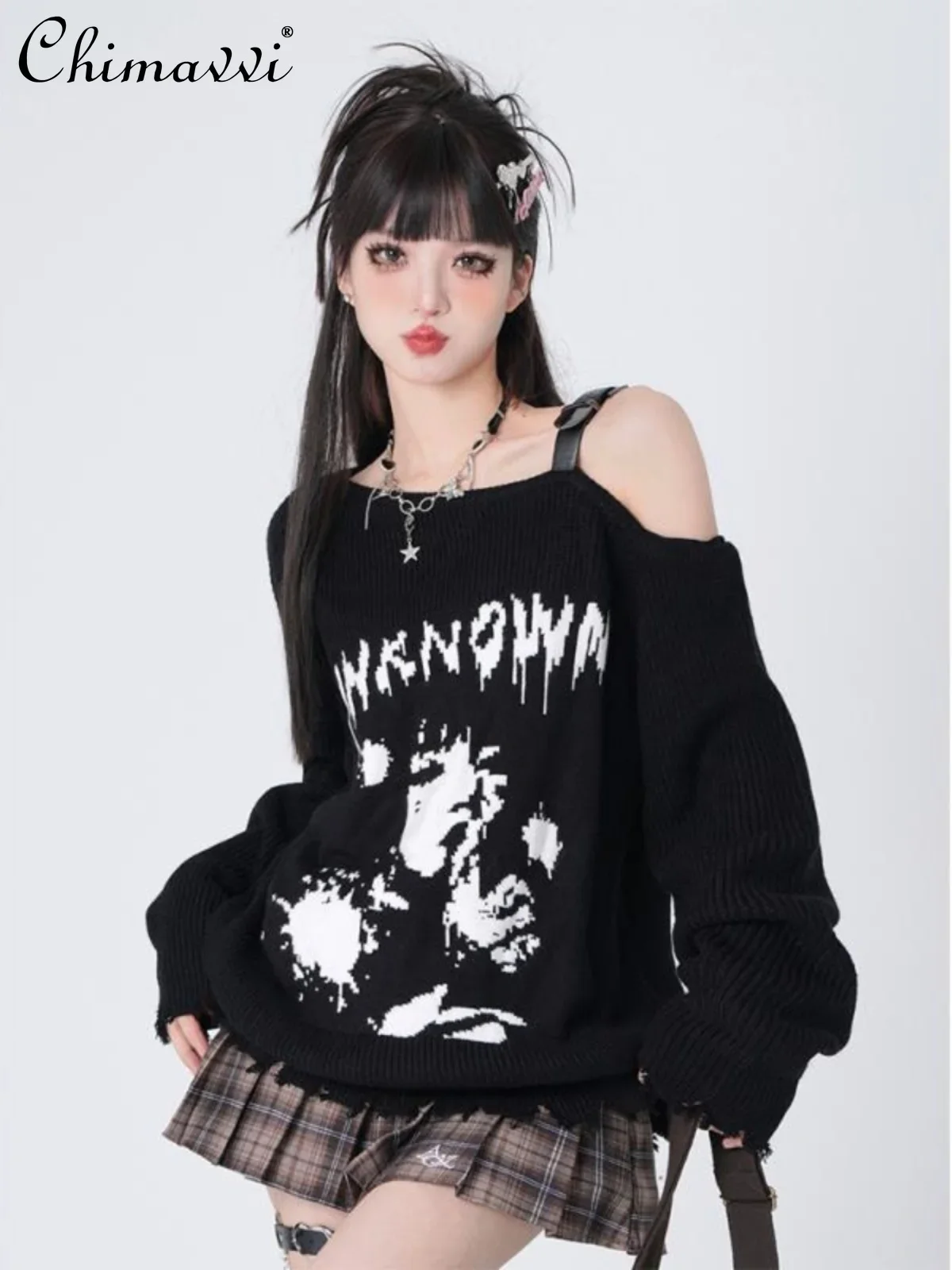 

Subculture Y2k Spice Girl Black Sweater Spring Autumn New College Style Off-Shoulder Long Sleeve Pullover Knitted Sweater Top