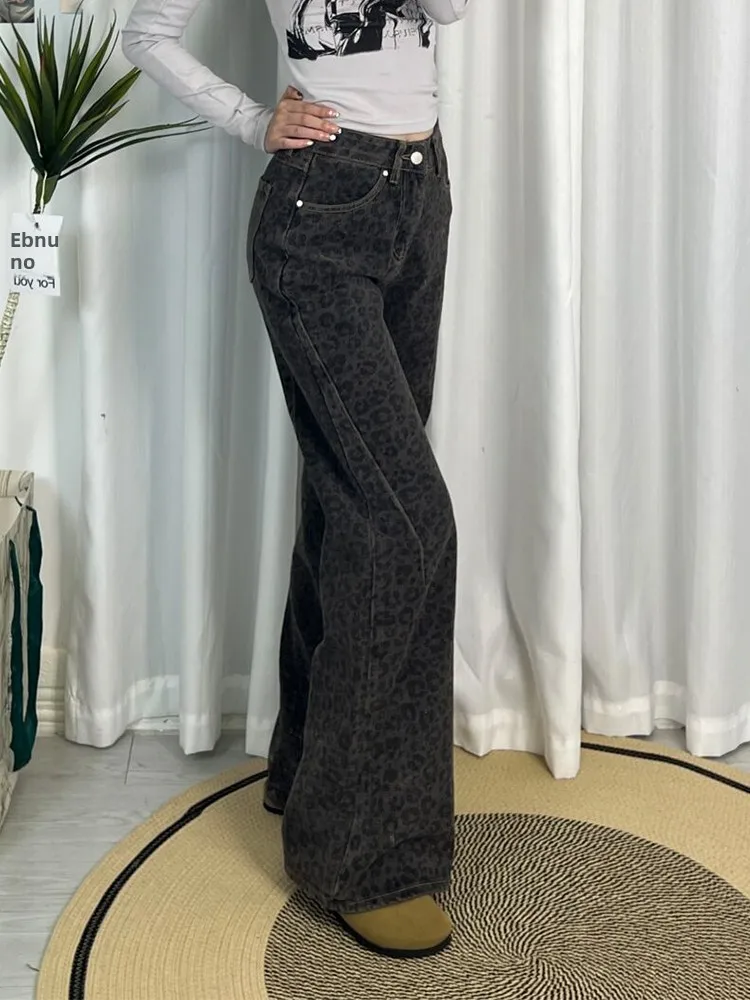 Retro Leopard Print Bell Bot Jeans Women's Slimming High Waist Denim Pants Autumn Winter New Sle for Pear aped Body