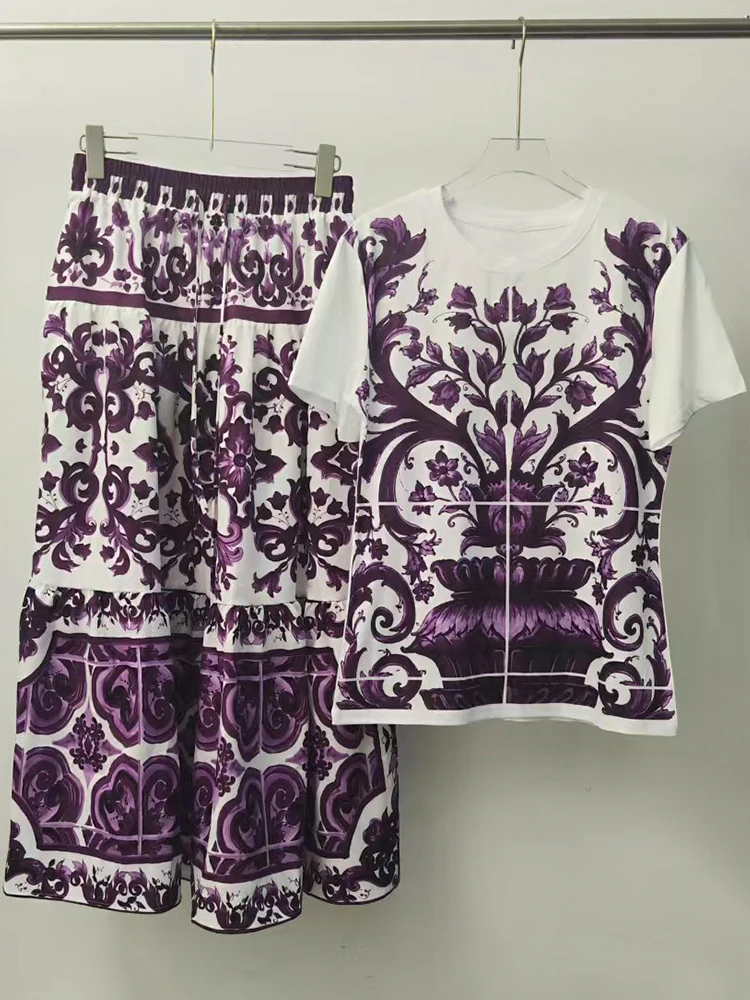2026 Summer Women's Clothing Retro Geometric Print Knitted T-shirt Two-piece Set + Drawstring Elastic Waist Loose Skirt Suit