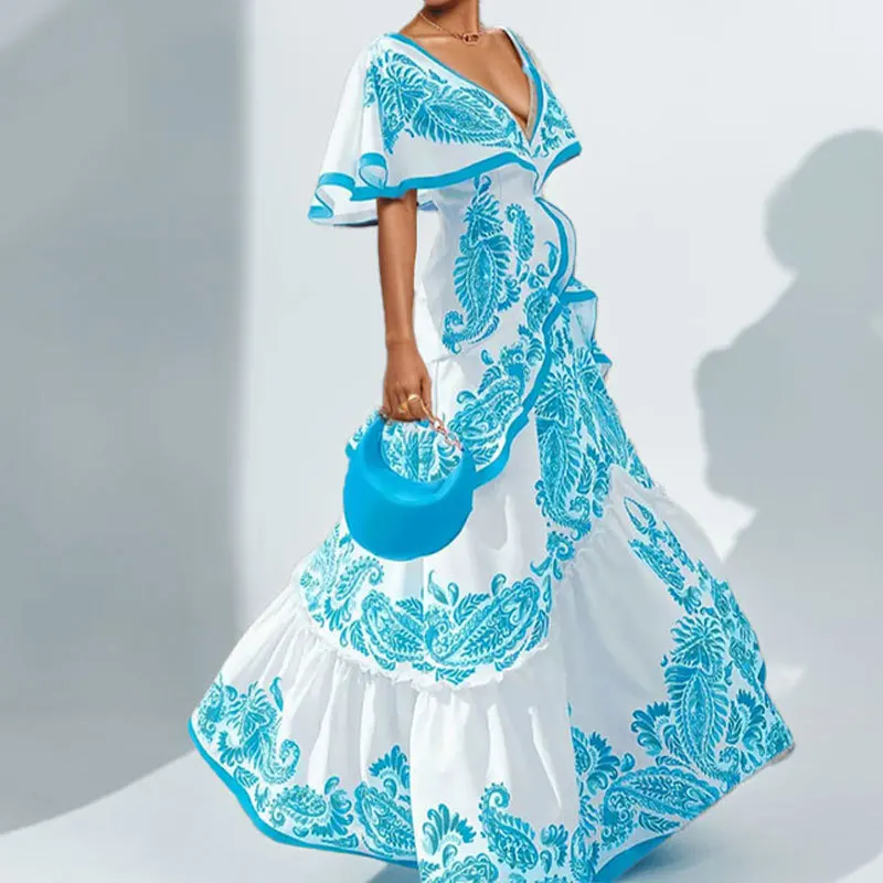 موضة النمط الرعوي المطبوعة شال الخامس الرقبة فستان المرأة لربيع وصيف جديد أنيق الخصر طويل سوينغ فساتين الإناث 2026