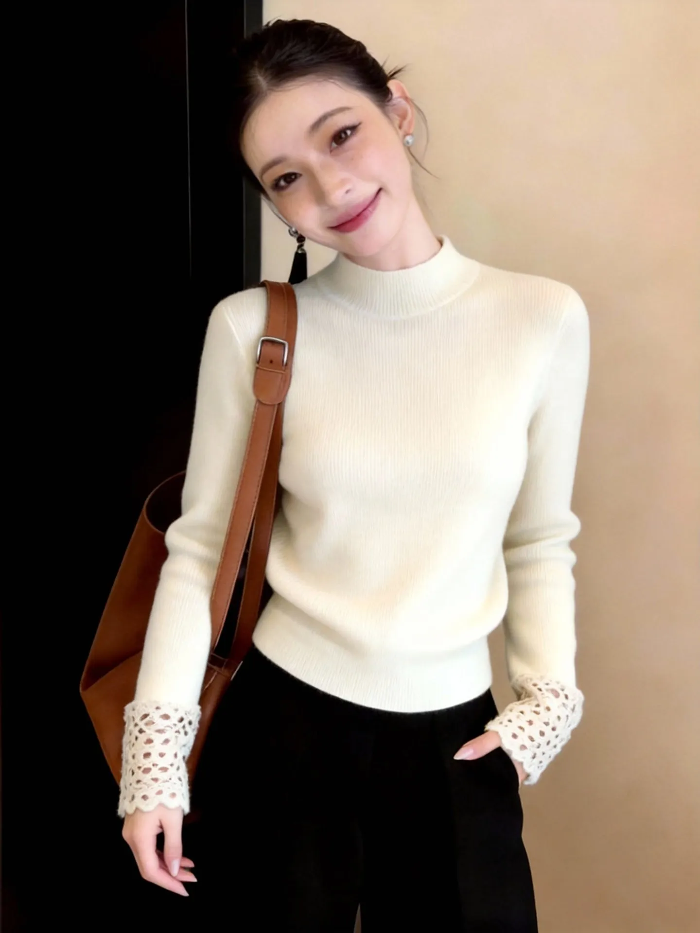 

Korean Sle High Collar Long Sve Knitted Hollow out Splicing Design Versatile Ele Base irt Gentle Korean Sle