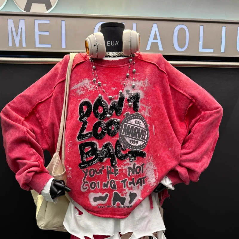 

Special Design Distressed Printed Sequin Sweatshirt For Women's New Loose Casual Style Top 2025 Autumn New O-neck Top Clothes