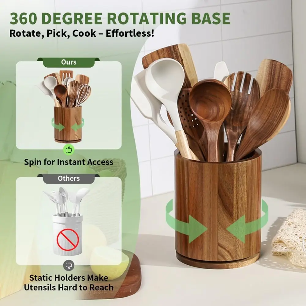360 °   Drehbarer Küchenutensilienhalter aus Akazienholz, Aufbewahrungsregal im Landhausstil, Große Kapazität Utensilien-Aufbewahrungsbox