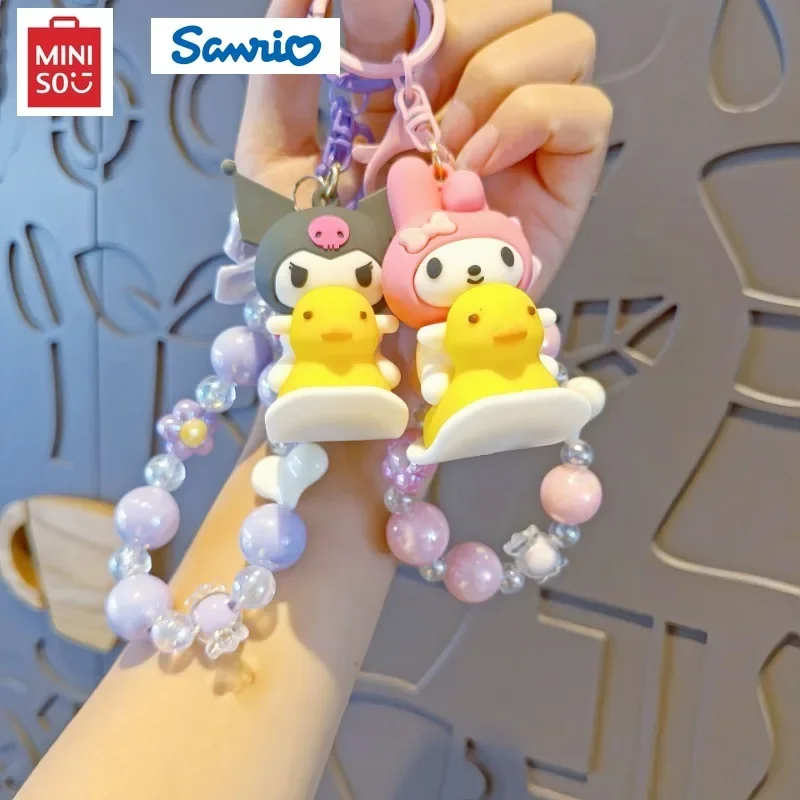 Miniso Sanrio Cartoon Rocking Duck Bead Mobile Phone Pendant Keychain Personalized Backpack Pendant Car Key Chains Cute Keyring