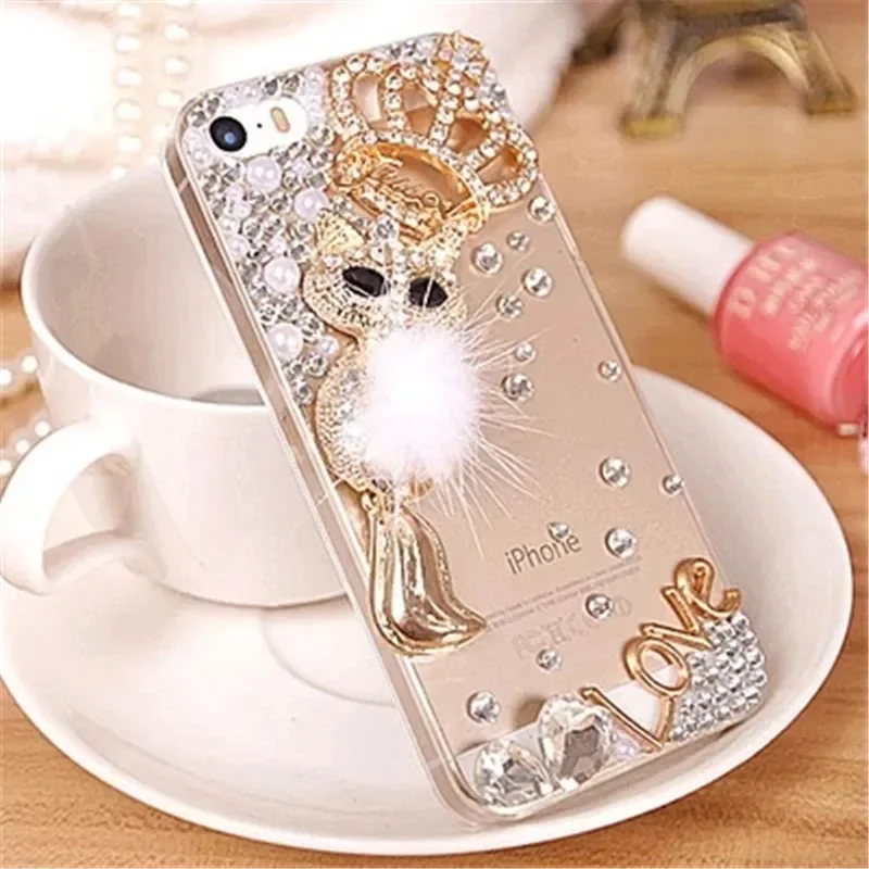 Bling Rhinestone Crystal Diamond Fox and Crown Soft Phone Case Cover for Samsung Galaxy, S24, S10, S20 Plus, S21 FE, S22, 23