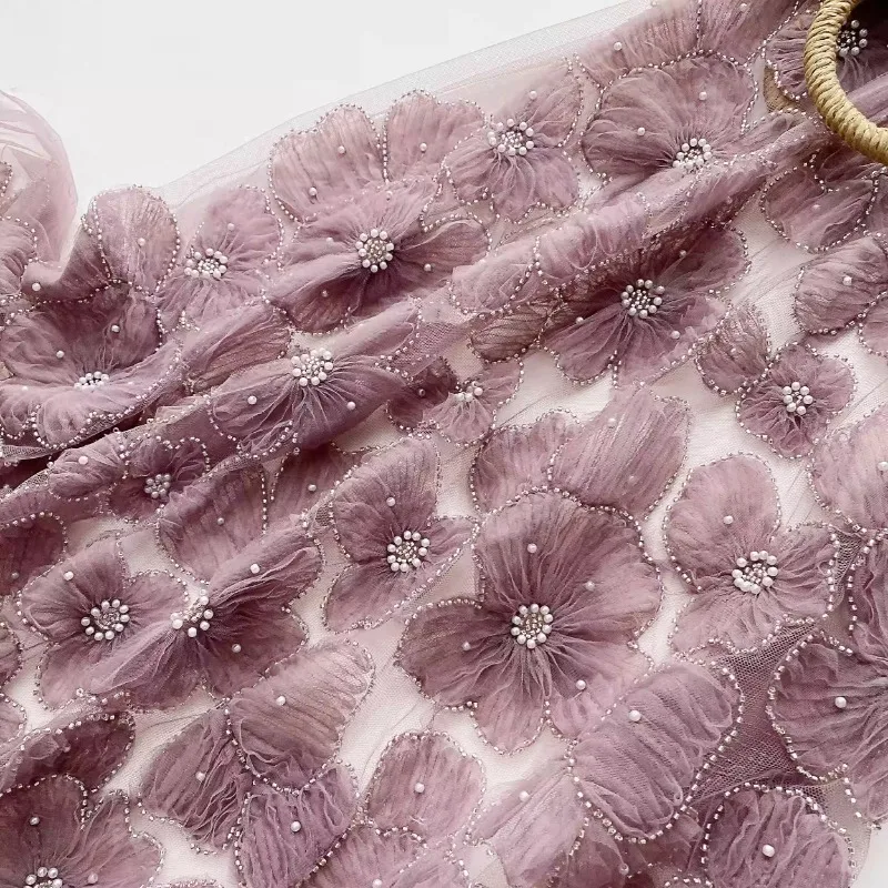 

Grape Purple Embroidered Pearl Crochet Lace Fabric for Luxury Wedding Dresses Cheongsam Bridal Evening Gowns Dress Material