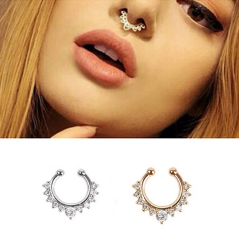 Anillo de Piercing falso para la nariz para mujer, aro de cristal punk para el Septum, Piercing para la cadera, 1 unidad