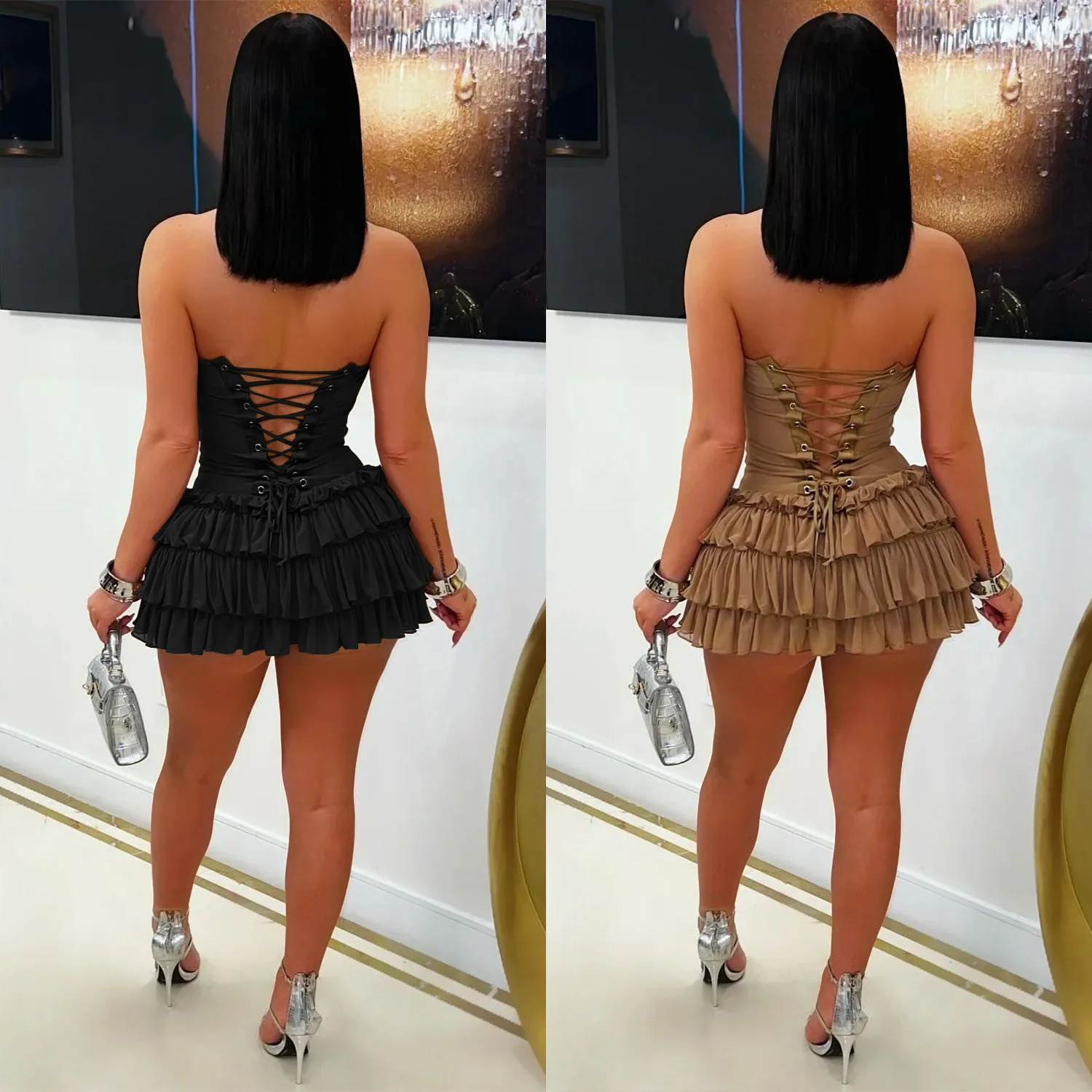 Mulheres sem alças plissado sem mangas babados em camadas midi mini vestido 2025 aniversário férias praia até vestidos