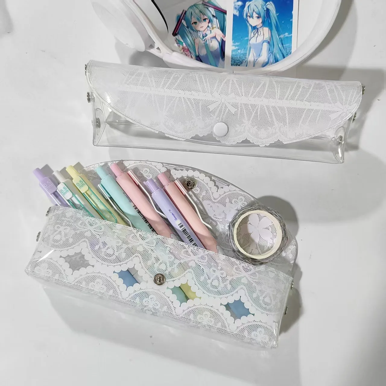 White Lace Bow Print Clear Pencil Case Daily Study Transparent Stationery Bag Pen Case