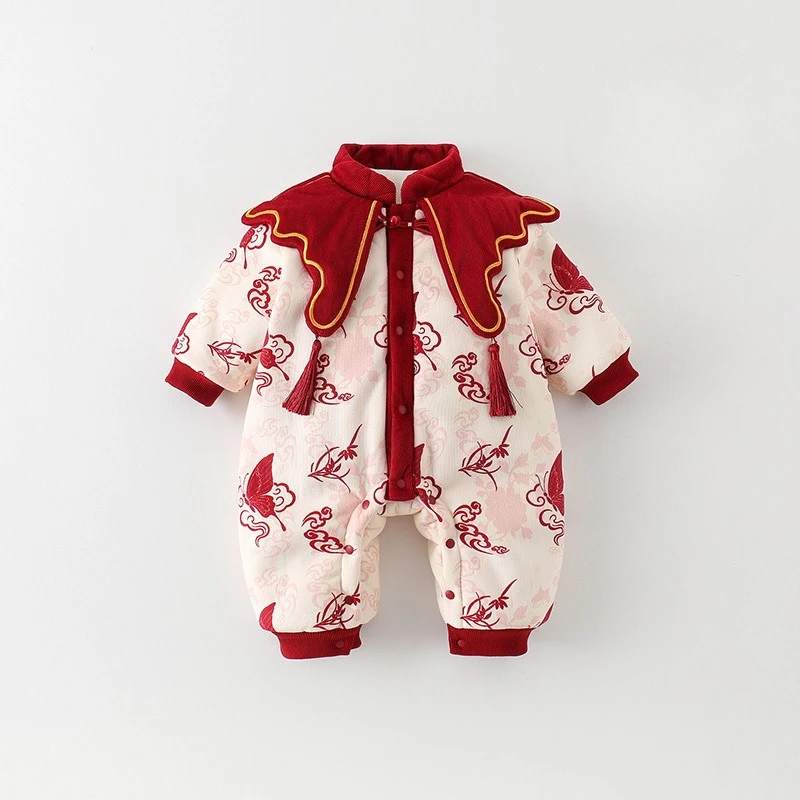 ZOETOPKID Baby Onesie Winter Festive Cotton Clothes One-year-old Baby Dress Thickened Red Clothes Warm Rompers