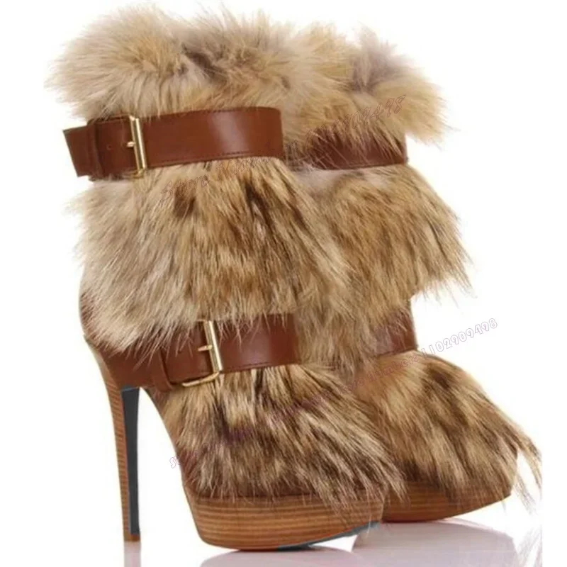 

Brown Fluffy Decor Strappy Ankle Boots Winter Platform Round Toe Shoes for Women Thin High Heels Shoes 2025 Zapatos Para Mujere