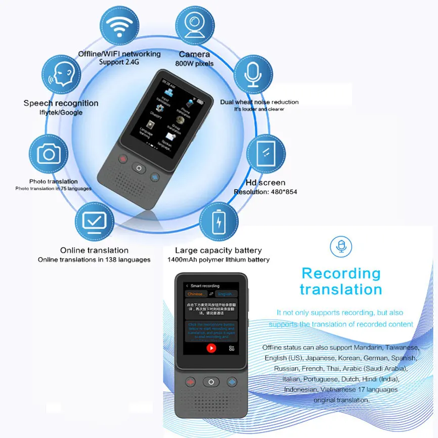 T21 Offline Portable Audio Translator 138 Language Smart Translator In Real Time Smart Voice AI Voice Photo Translator