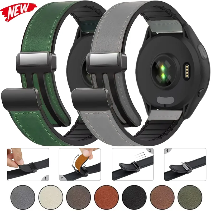 حزام جلد + سيليكون لـ Garmin Approach S50 Vivoactive 6/5 Venu 3/2 سوار معصم مغناطيسي Garmin Forerunner 55 165 265 965 حزام